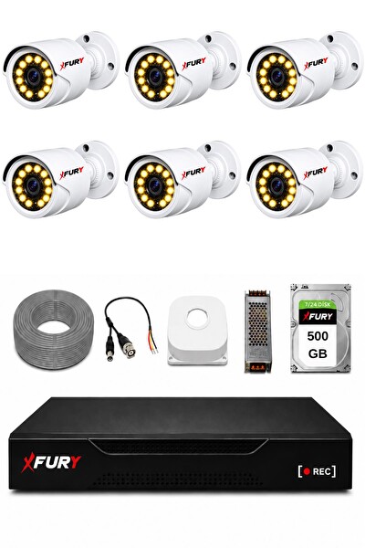 Fury 2239 Full HD 6 Kameralı Gece Renkli Görüş Su Geçirmez Güvenlik Kamera Seti 500 GB HDD
