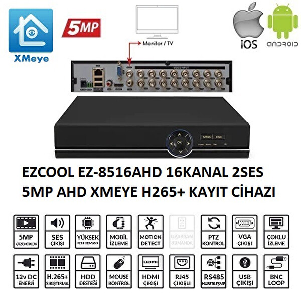 Ezcool EZ-8516AHD 16 Kanal 5MP 1 HDD Xmeye DVR Kayıt Cihazı