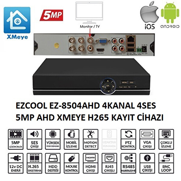 Ezcool EZ-8504AHD 4 Kanal 5 MP 1 HDD Xmeye Kayıt Cihazı