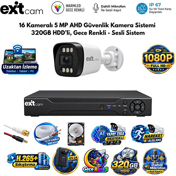 ExitCam 16 Kameralı Full HD Sesli AHD Güvenlik Seti – 320 GB HDD 240 Metre Kablo Renkli Gece Görüşü