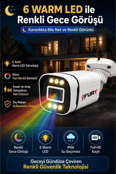 Fury IP 5MP Lens 1080P Sesli 6 Warm LED Renkli Gece Görüşlü IP66 Dış Mekan Geniş Açılı Güvenlik Kamerası