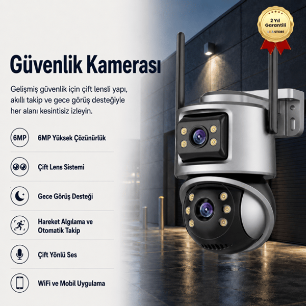 Hzl Store Cmr-61 6 MP Çift Lensli WiFi Gece Görüşlü Hareket Takipli Akıllı Güvenlik Kamerası Gri