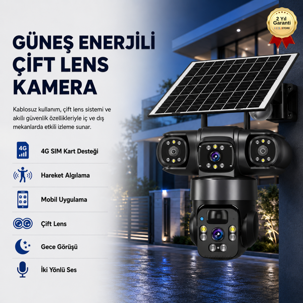 Hzl Store CMR-51 Güneş Enerjili 4G SIM Kartlı Kablosuz Çift Lens 1080P Su Geçirmez Güvenlik Kamerası Siyah
