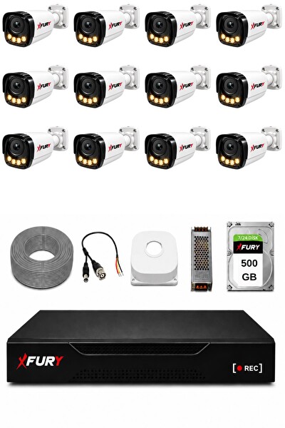 Fury 12 Kameralı Güvenlik Kamera Seti 4 Warm LED Gece Renkli Görüş 500 GB HDD