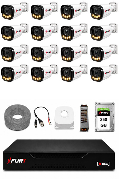 Fury 16 Kameralı Güvenlik Kamera Seti 4 Warm LED Gece Renkli Görüş 250 GB HDD