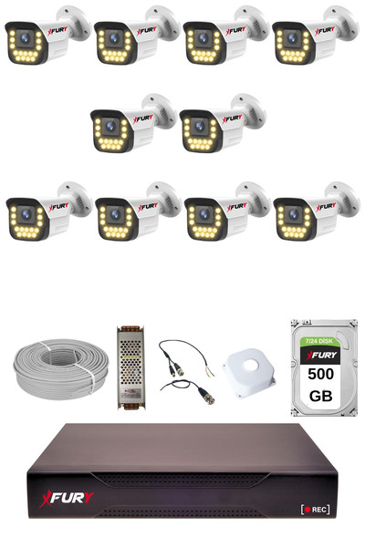 Fury 10'lu 15 Warm Led Gece Renkli Görüş Su Geçirmez Güvenlik Kamerası Seti 500 GB