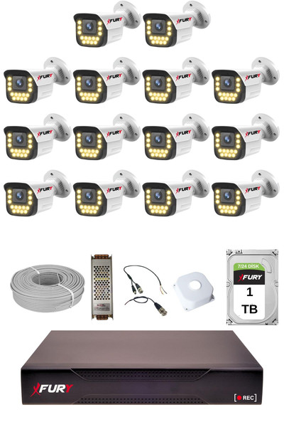 Fury 14'lü 15 Warm Led Gece Renkli Görüş Su Geçirmez Güvenlik Kamerası Seti 1 TB