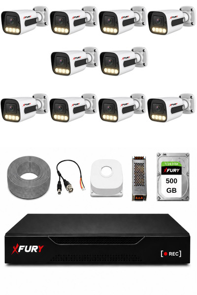 Fury 10 Kameralı Güvenlik Kamera Seti 4 Warm LED Gece Renkli Görüş 500 GB HDD 5500