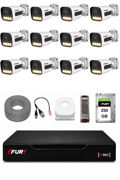 Fury 12 Kameralı Güvenlik Kamera Seti 4 Warm LED Gece Renkli Görüş 250 GB HDD 5500
