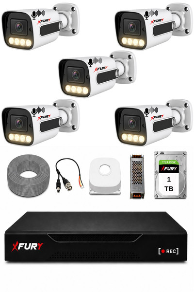 Fury 5 Kameralı Güvenlik Kamera Seti Sesli 4 Warm LED Gece Renkli Görüş 1 TB HDD 5500s