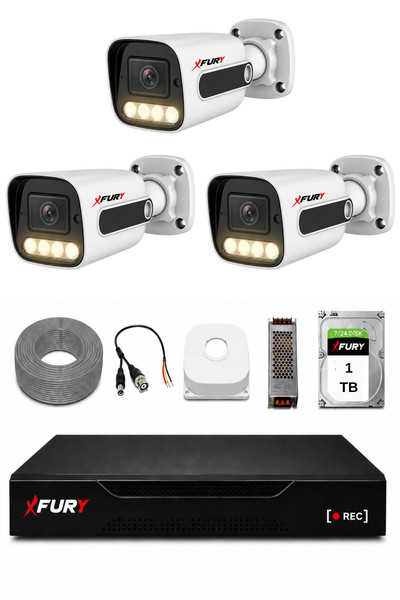 Fury 3 Kameralı Güvenlik Kamera Seti 4 Warm LED Gece Renkli Görüş 1 TB HDD 5500