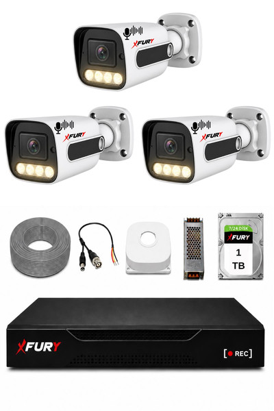 Fury 3 Kameralı Güvenlik Kamera Seti Sesli 4 Warm LED Gece Renkli Görüş 1 TB HDD 5500s