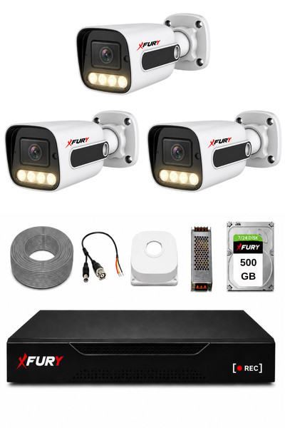 Fury 3 Kameralı Güvenlik Kamera Seti 4 Warm LED Gece Renkli Görüş 500 GB HDD 5500