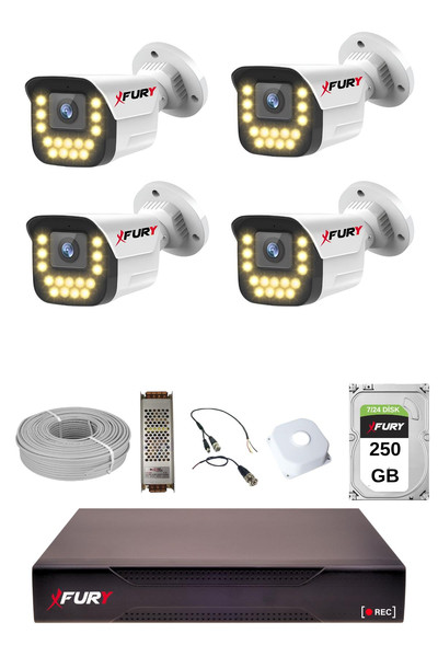 Fury 4'lü 15 Warm Led Gece Renkli Görüş Su Geçirmez Güvenlik Kamerası Seti 250 GB