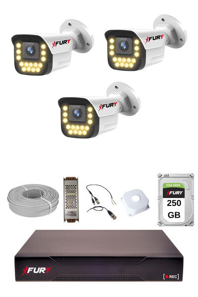 Fury 3'lü 15 Warm Led Gece Renkli Görüş Su Geçirmez Güvenlik Kamerası Seti 250 GB