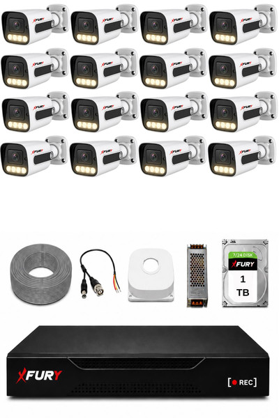 Fury 16 Kameralı Güvenlik Kamera Seti 4 Warm LED Gece Renkli Görüş 1 TB HDD 5500