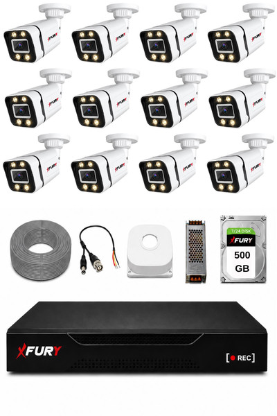 Fury 12 Kameralı Güvenlik Kamera Seti 4 Warm LED Gece Renkli Görüş 500 GB HDD 5580