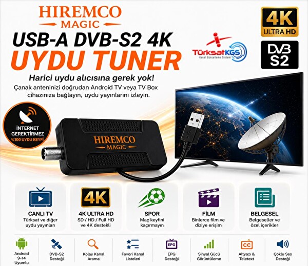 Hiremco Magic USB-A DVB-S2 4K Uydu Alıcısı