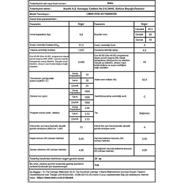 Beko CMXD 9100 9 KG 1000 Devir Çamaşır Makinesi