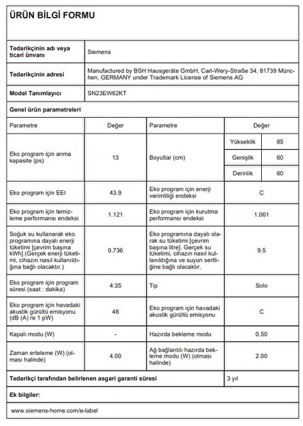 Siemens SN23EW62KT 6 Programlı 13 Kişilik Bulaşık Makinesi