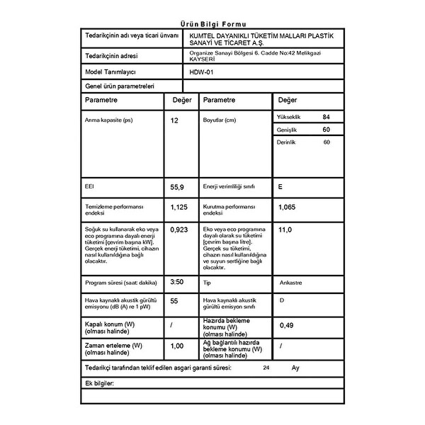 Kumtel HDW-01 Enerji Sınıfı: E - 4 Programlı Bulaşık Makinesi