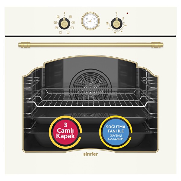 Simfer 8218 Retro 9 Fonksiyonlu Power Turbo Analog Saat Bej Cam Ankastre Fırın