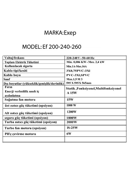 Exep EF-260 71 Litre Turbo Fan Soğutma Fanı 8 Programlı Ankastre Fırın Siyah