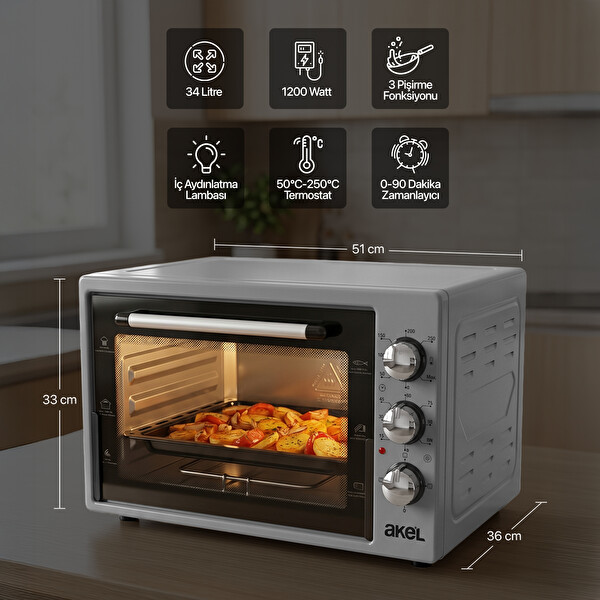 Akel AF340L 34 L Aydınlatmalı Zaman Ayarlı 2 Tepsi 1 Tel Izgara Gri Mini Fırın