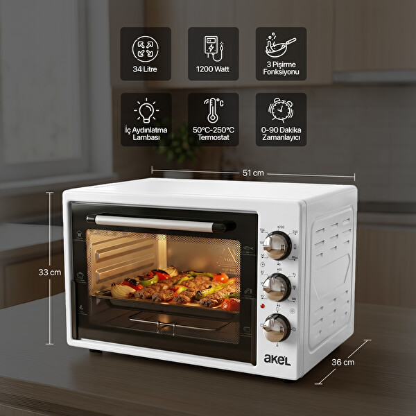 Akel AF340L 34 L Aydınlatmalı Zaman Ayarlı 2 Tepsi 1 Tel Izgara Beyaz Mini Fırın
