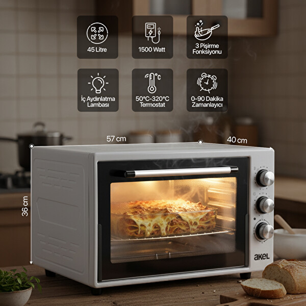 Akel AF930L 45 L Aydınlatmalı Zaman Ayarlı 2 Tepsi 1 Tel Izgara Gri Mini Fırın