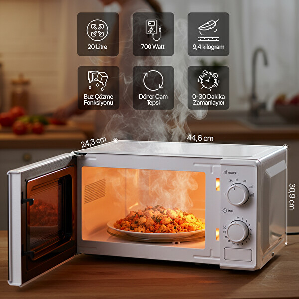 Akel AMD160 20 L 700W İnverter 4 Kademeli Isı Buz Çözdürme 0-30 DK Zaman Ayarlı Beyaz Mikrodalga Fırın