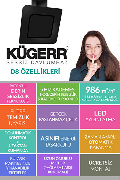 Kügerr D8 60 CM Sessiz Siyah Cam Ankastre Davlumbaz