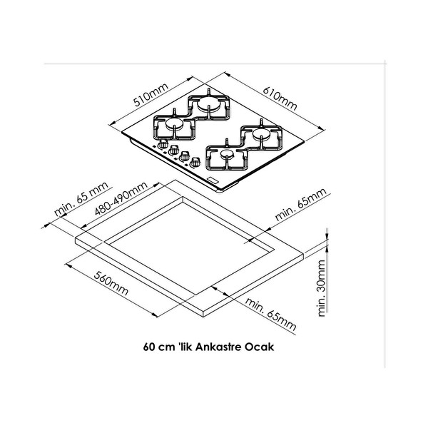 GL General GLO 022SARS Rustik 60 CM Siyah Emaye Ankastre Ocak