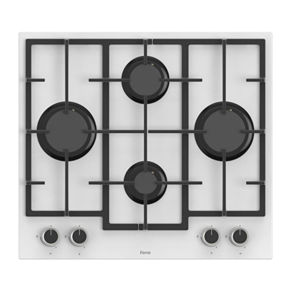 Ferre LN386 Döküm Izgaralı Önden Düğmeli Beyaz Cam Ankastre Ocak