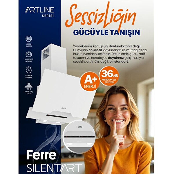Ferre D065-SA DC Inverter Motor 36 dB Ultra Sessiz Yatık Cam Gri Ankastre Davlumbaz