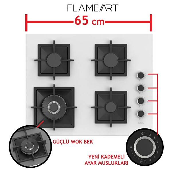 Ferre Steamart Fryart Serisi Beyaz Ankastre Set (SC406-WFA - QEP64CB - D078) - Döküm Izgara - 65 CM Ocak
