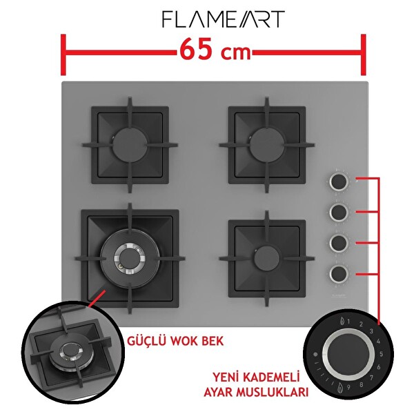 Ferre Flameart SC Serisi Gri Ankastre Set (SC408-WFA - XE63CPR - D079) - 65 CM'lik Kare Döküm Izgara-Wok