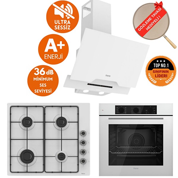 Ferre SilenArt Riggo Ultra Sessiz Beyaz Ankastre Set ( D064 -SA + EL066 Emaye Ocak + QBL62CB )