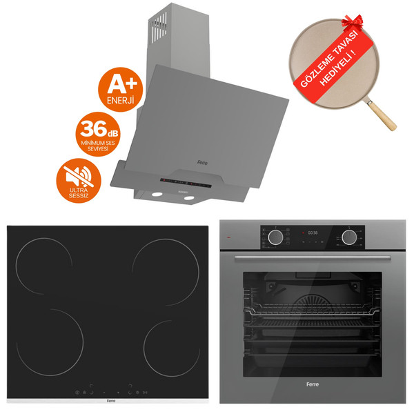 Ferre FryArt Silver Vitroseramik Elektrikli Gri Ankastre Set ( D065-SA Sessiz + MS261 + XE63CPR)
