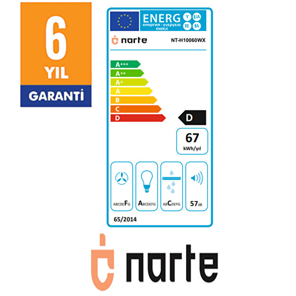 Narte H10060W 60 CM Beyaz Cam Inox Çıtalı Çift Camlı Eğimli Davlumbaz