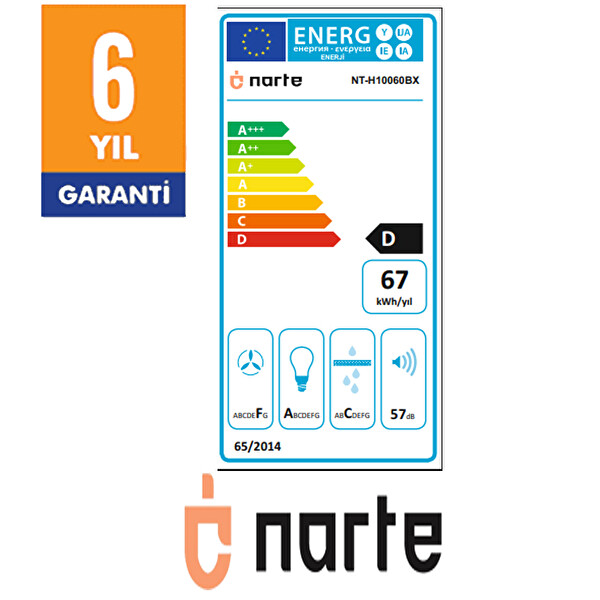 Narte H10060B 60 CM Siyah Cam Inox Çıtalı Çift Camlı Eğimli Davlumbaz