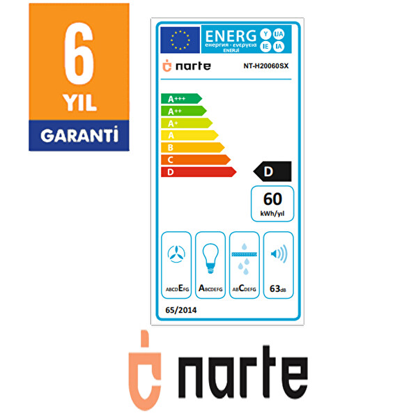 Narte H20060S 60 CM Gri Cam Inox Çıtalı Eğimli Davlumbaz