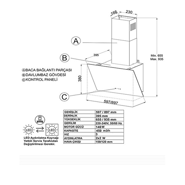 Narte H20160B 60 CM Cam Eğimli Davlumbaz Siyah