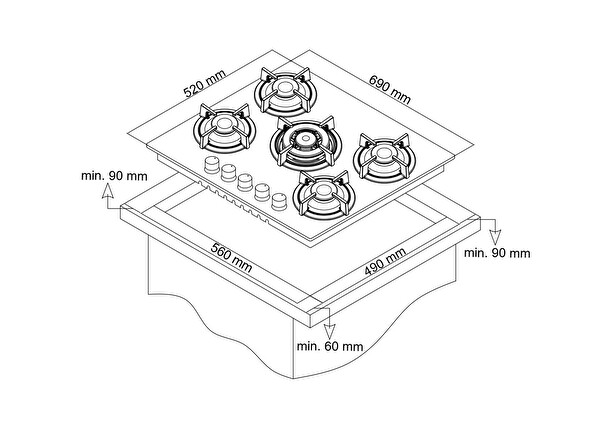 Simfer 3704 4G - 1 Wok 70 CM Siyah Cam Ankastre Ocak