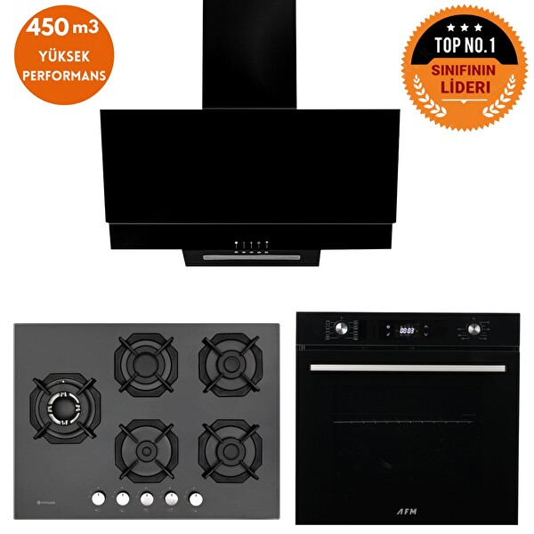 Eminçelik Ve AFM Tech Markalı Luxo 5 Gözlü 1 Wok Siyah Ankastre Set (22 385 - FM7700 - FM3250)