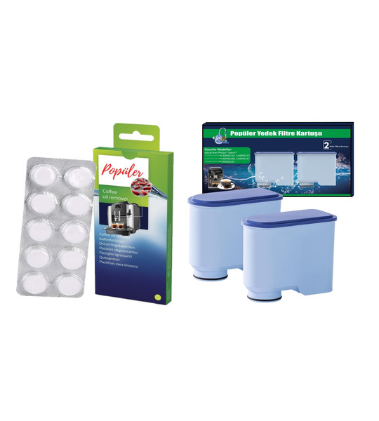 Popüler Kahve Makinesi Bakım Seti ve 2’li AquaClean Su Filtresi - 10’lu Yağ Çözücü Tablet