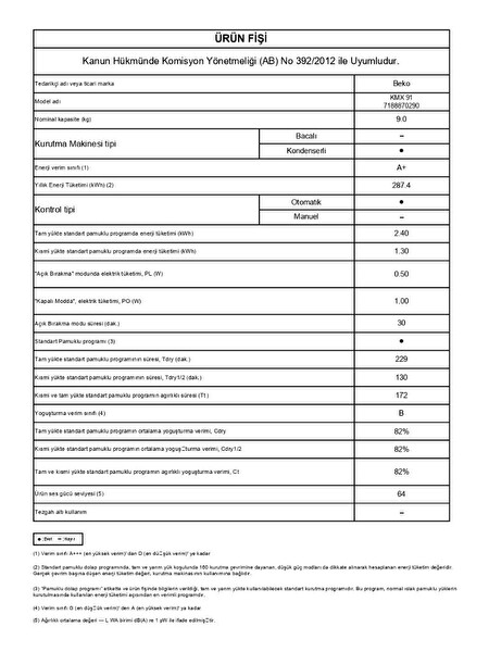 Beko KMX 91 9 KG Çamaşır Kurutma Makinesi
