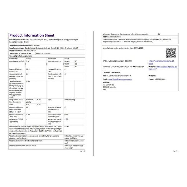 Hoover HREH 9A2TE-17 9 KG Wi-Fi Bağlantılı Kurutma Makinesi