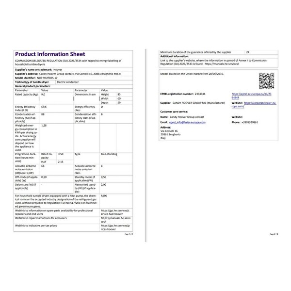 Hoover NDP 9N2TBES-17 9 KG Wi-Fi Bağlantılı Kurutma Makinesi