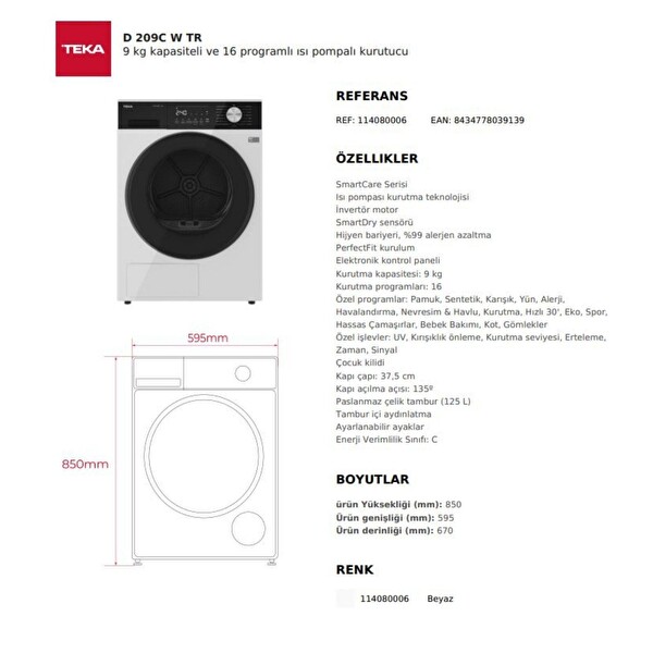 Teka D 209C W TR 9 KG Isı Pompalı Çamaşır Kurutma Makinesi